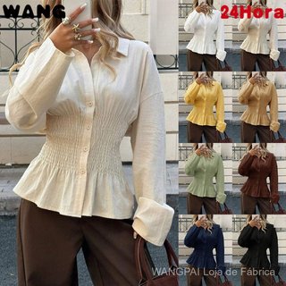 Camisa feminina de cor lisa com gola aberta e corte ajustado