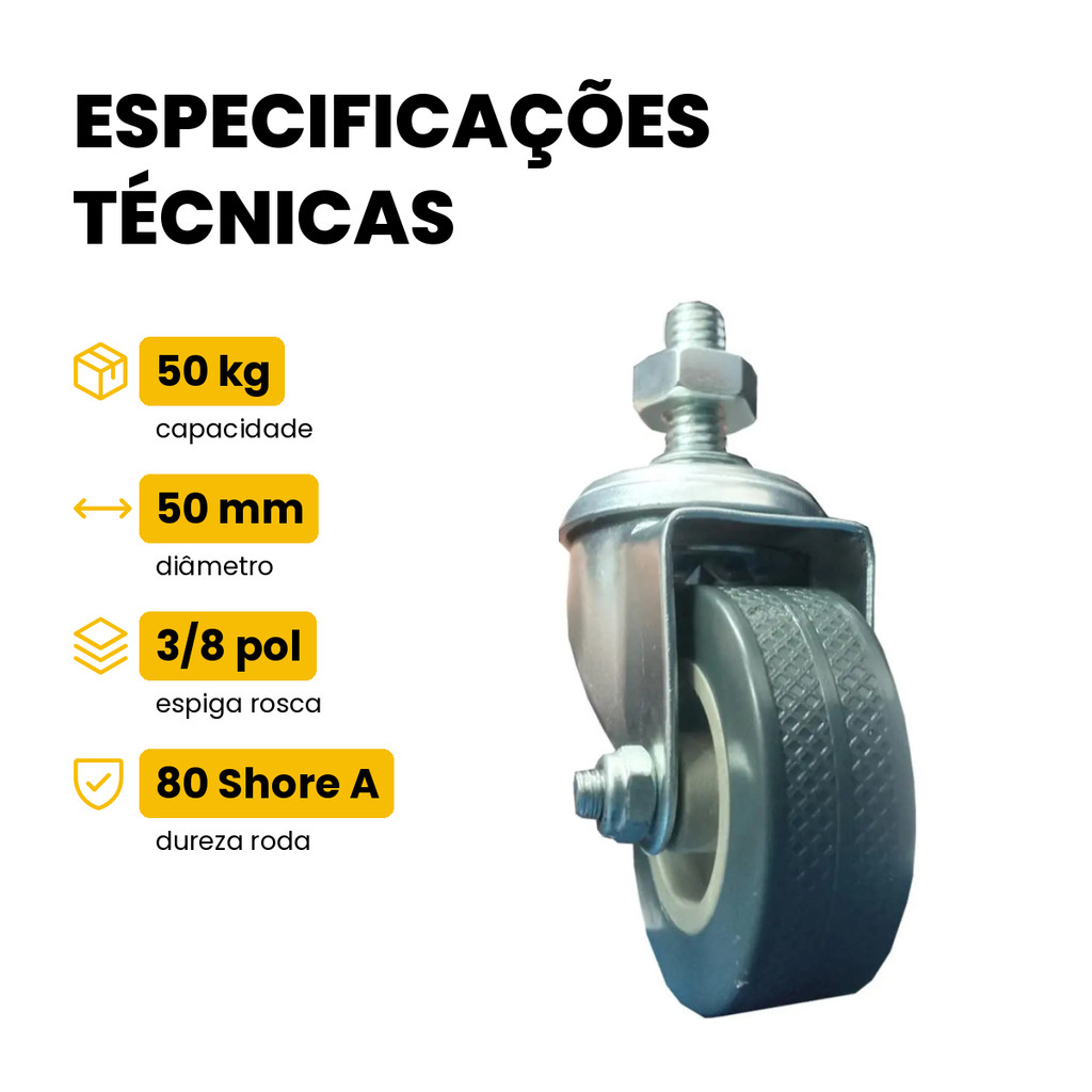 Rodízio Rodinha Fixo com Espiga Roscada 3/8 PVC 2 Pol 50mm 50kg para Móveis JST · foto 2
