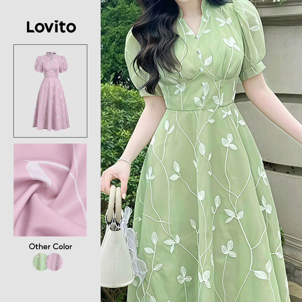 Lovito Elegante Vestido Primavera/verão Vestido Verde para mulheres L157ED284
