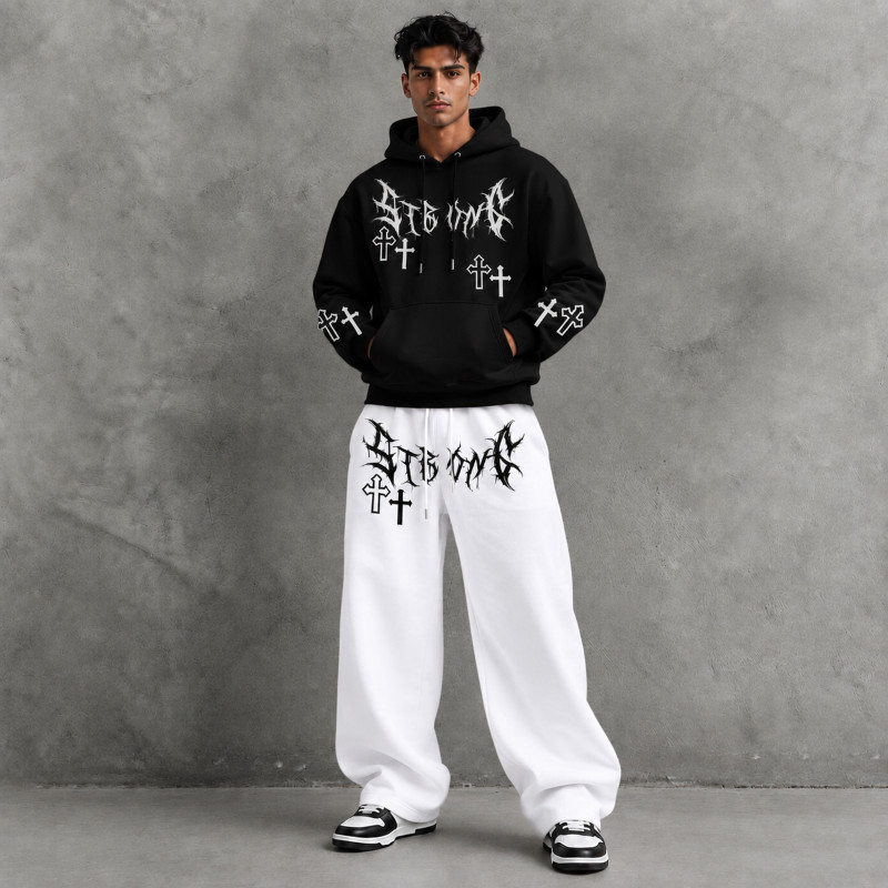 Conjunto Moletom Canguru E Calça Wide Leg Com Estampa De Cruz E Escritas Streetwear -Confortável- Flanelado Envio Rápido