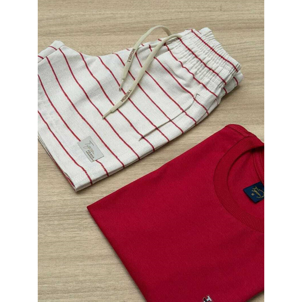 Conjunto Infantil Masculino Vermelho com Bermuda Listrada