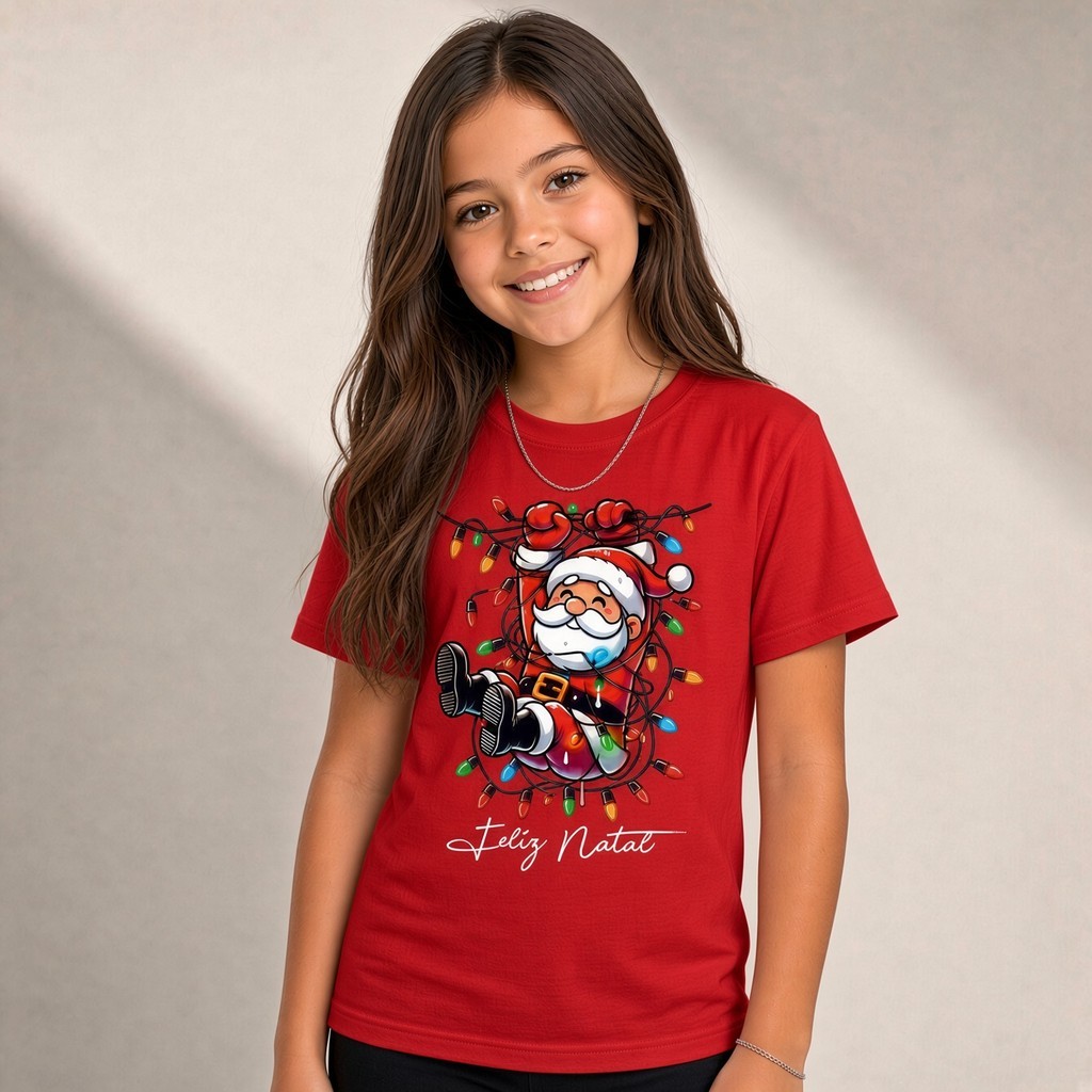 Camiseta Infantil Natal Estampada Papai Noel Luzes Criança Menina 100% Básica Manga Curta Unissex e Feminino Básica