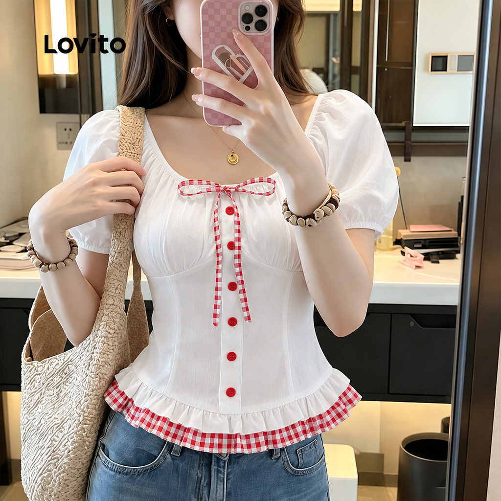 (New Arrival) Lovito Blusa Branca Feminina Xadrez Casual Manga Curta Gola U amarração Barra Ondulada primavera/verão BLK10P1D031 — imagem 2 de 2