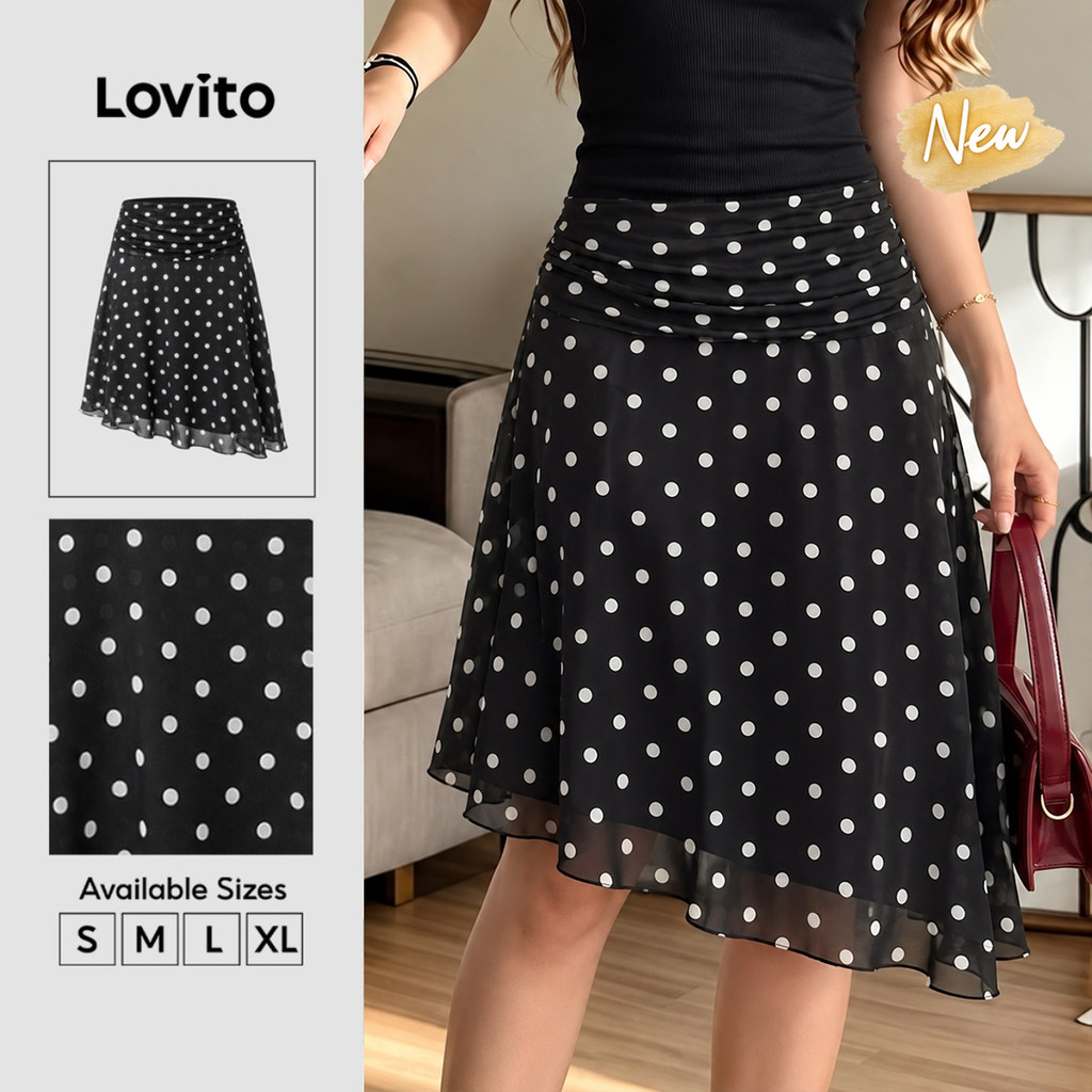 Lovito Saia Feminino Curta Assimétrica Casual De Bolinhas Preta Para O Fim De Semana De Férias SKK10BR267