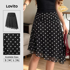 Lovito Saia Feminino Curta Assimétrica Casual De Bolinhas Preta Para O Fim De Semana De Férias SKK10BR267