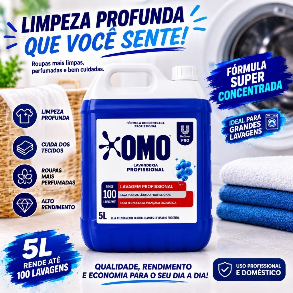 Sabão OMO Líquido 5 Litros Grande Qualidade Lavagem Profissional Roupas mais Limpas e sem Manchas Para Lavanderias Casas
