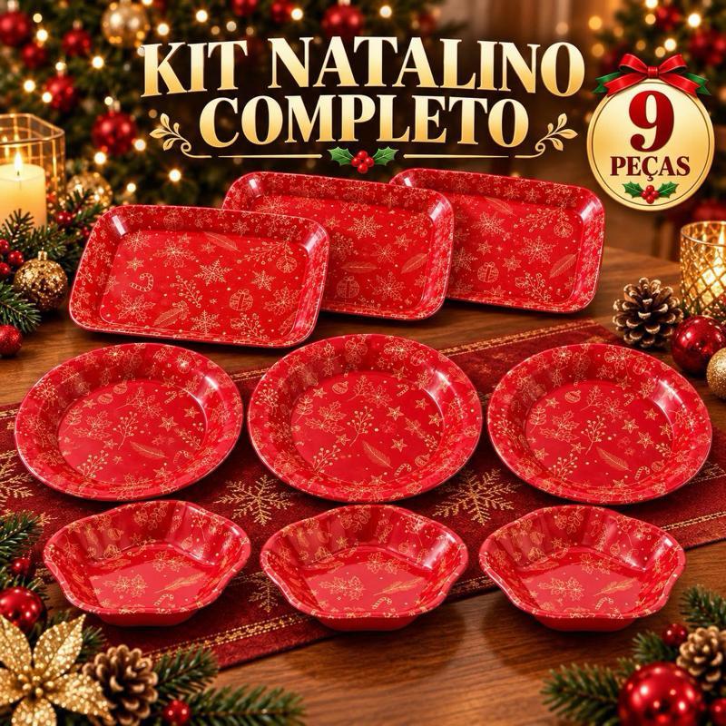 Kit Natalino Completo 9 Peças com Bandejas, Pratos e Petisqueiras Vermelhas