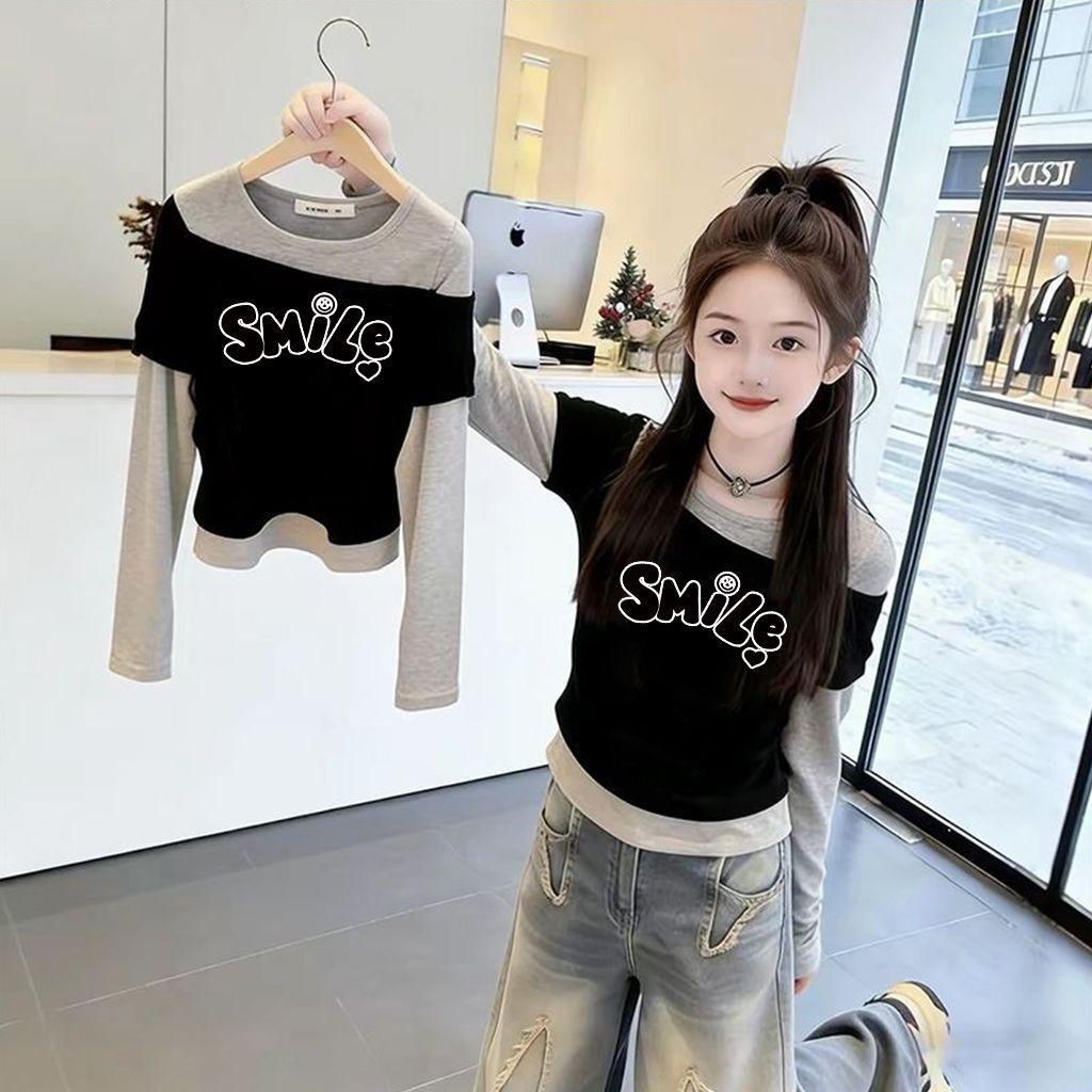 Meninas primavera outono topos camisetas de manga comprida falso de duas peças médio grande crianças roupa interior moda