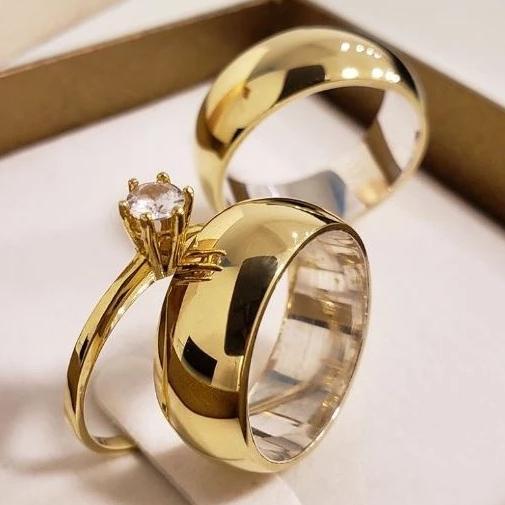 Par De Aliança Abaulada Aço Inoxidável Estilo Moeda Antiga 18k 8mm + Anel Solitário Casamento Noivado brinde + CAIXINHA