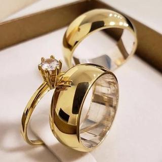 Par De Aliança Abaulada Aço Inoxidável Estilo Moeda Antiga 18k 8mm + Anel Solitário Casamento Noivado brinde + CAIXINHA