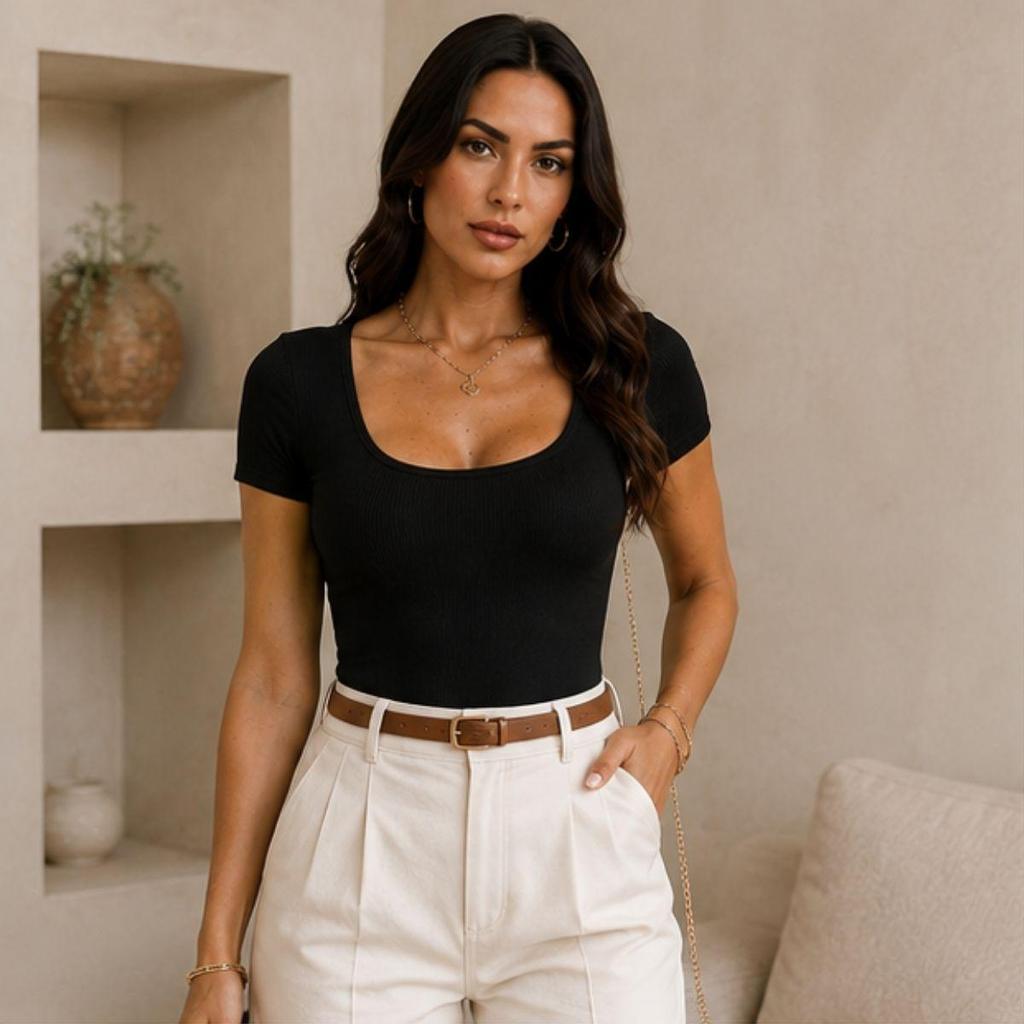 Body Feminino Canelado Manga Curta Gola Redonda Básico Elegante Confortável Moderno
