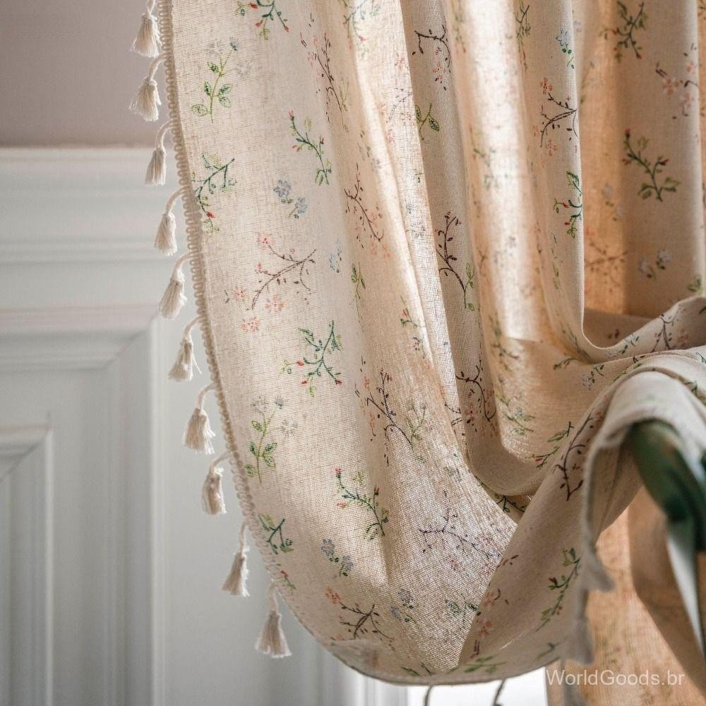 Cortina Estampada Com Borlas , De Algodão Estampa Floral Semi-Blackout Romântica Retrô Vintage