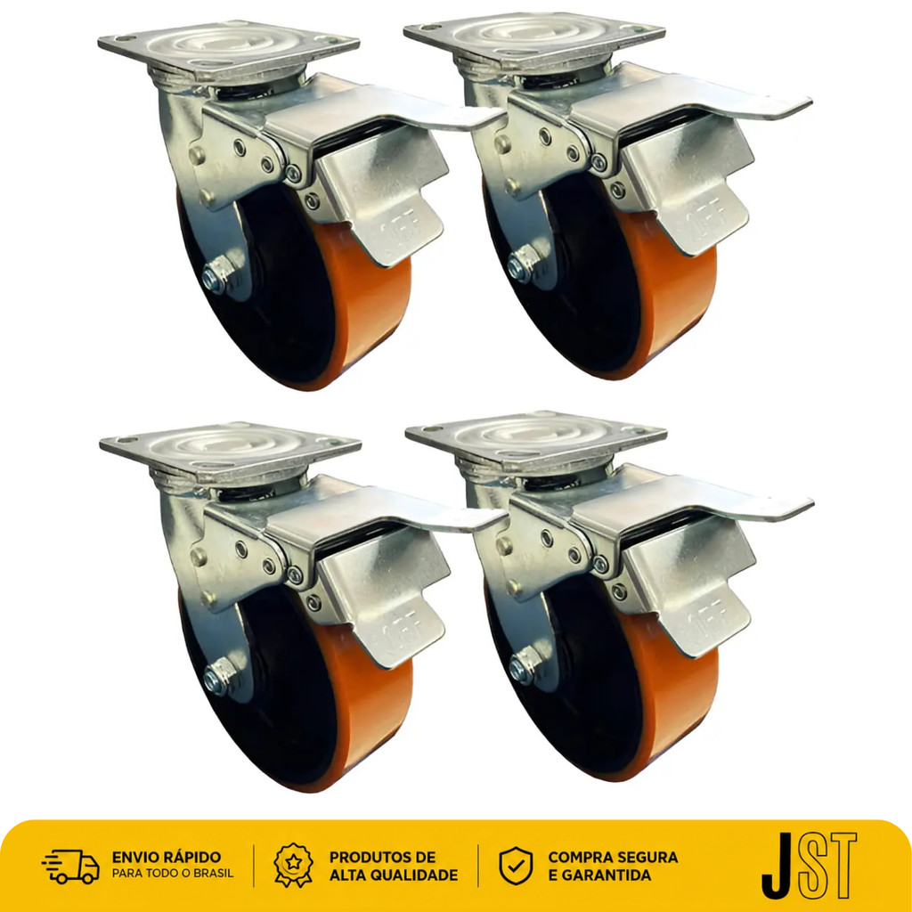 Kit 4 Rodízios Giratórios Poliuretano Freio 6 Pol 480kg JST Roda Pesada