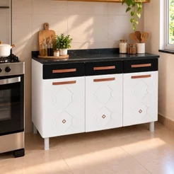 Balcão de Cozinha em Aço Triplo com Tampo 3 Portas 3 Gavetas Mirage New Preto/Branco Branco/Preto