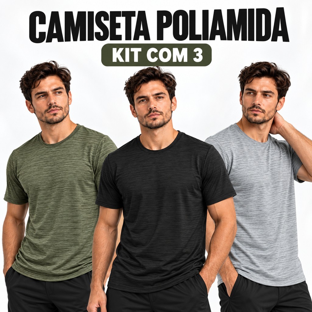 Kit 3 Camiseta Masculina Poliamida Rajada com Elastano Premium Manga Curta Casual Academia Malha Fria Toque Gelado