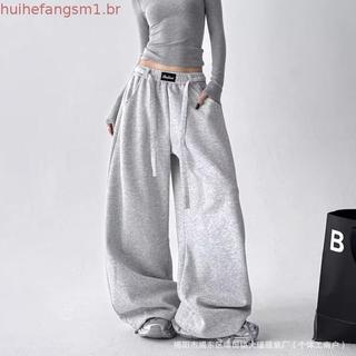 Calças de moletom femininas estilo americano de cintura alta, com cordão ajustável, corte solto e perna reta, versáteis 