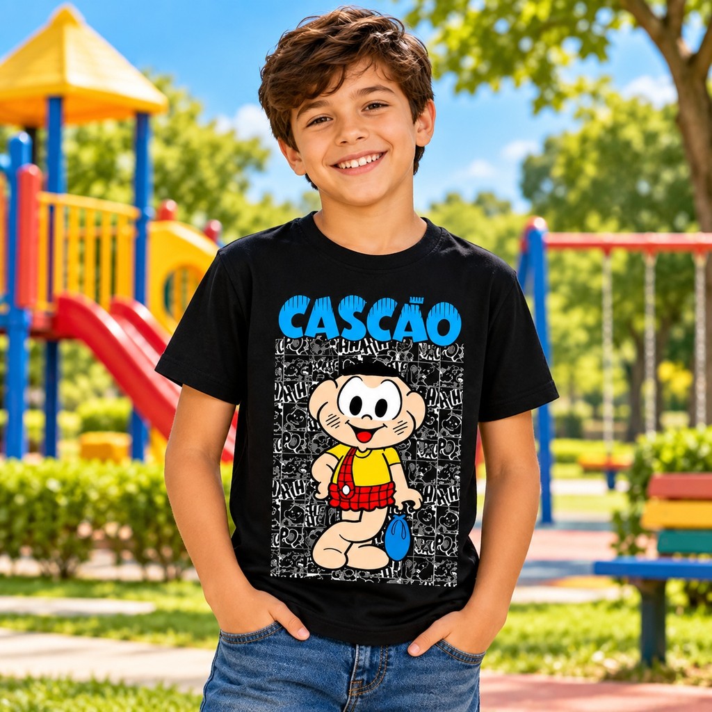 Camiseta Infantil Cascão Algodão Confortável Manga Curta Roupa Infantil Casual Personagem Gibi Estampa Divertida