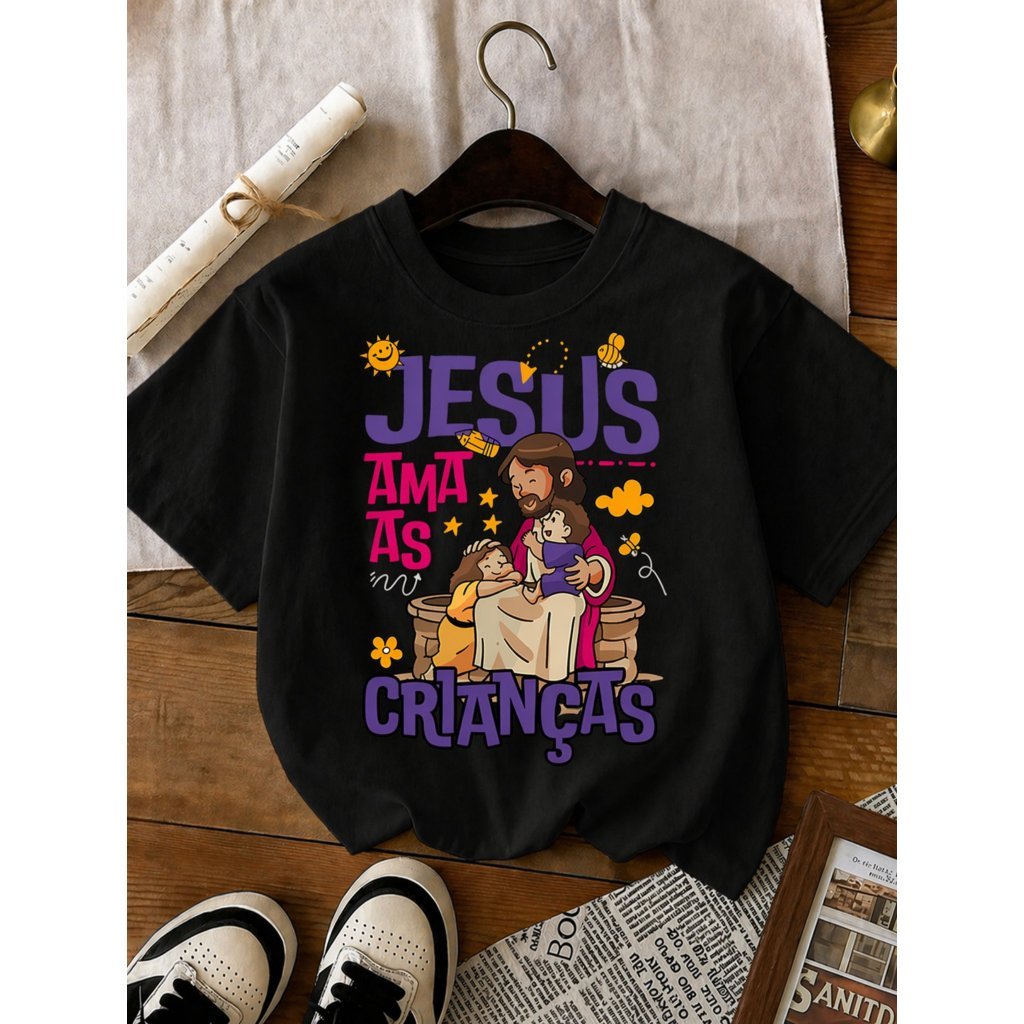 Camiseta Infantil Gospel Jesus Ama as Crianças Estampa Cristã Unissex Algodão Confortável Religiosa