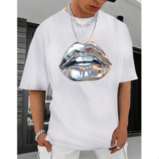 [Camiseta Premium em Algodão Puro]GXG Camiseta Masculina Oversized Boca Prata Streetwear Blusa Labios De Algodao Larga