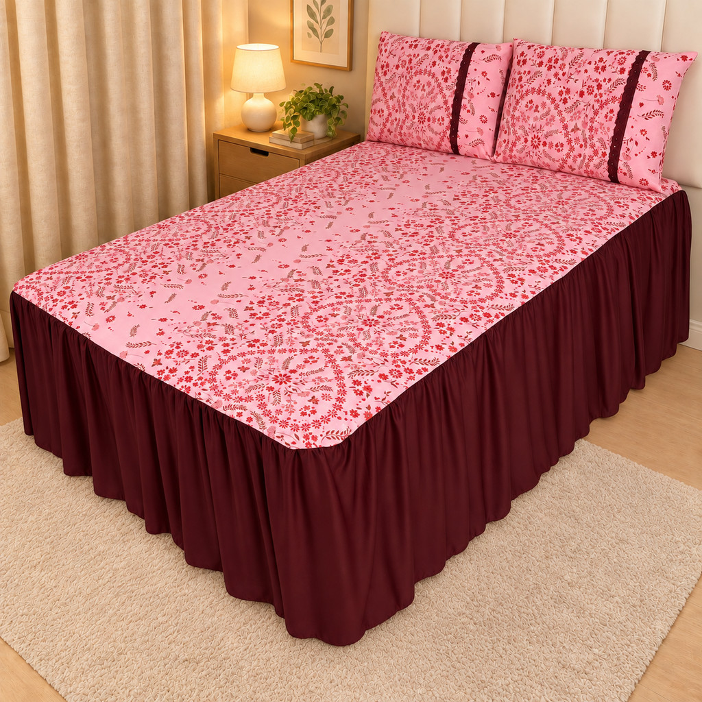 Lençol Colcha Queen com Babado e Elástico Malha 100% Algodão Kit 3 Peças 2 Fronhas Cama Box Toque Macio Premium