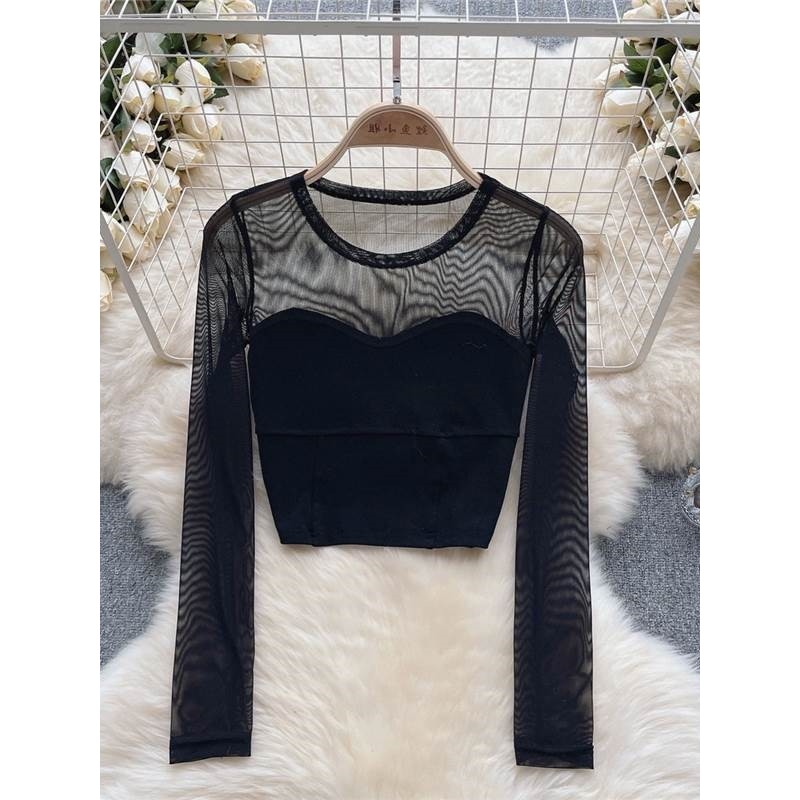Estilo ocidental preto primavera verão feminino novo estilo gaze camisa de renda de manga comprida Bottoming camisa de C