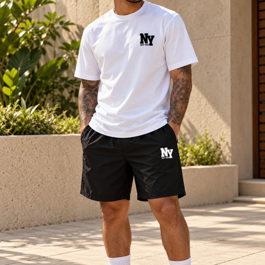 Conjunto Streetwear Estampada NY Kit Camiseta Camisa 100% Algodão + Short Mauricinho Tactel