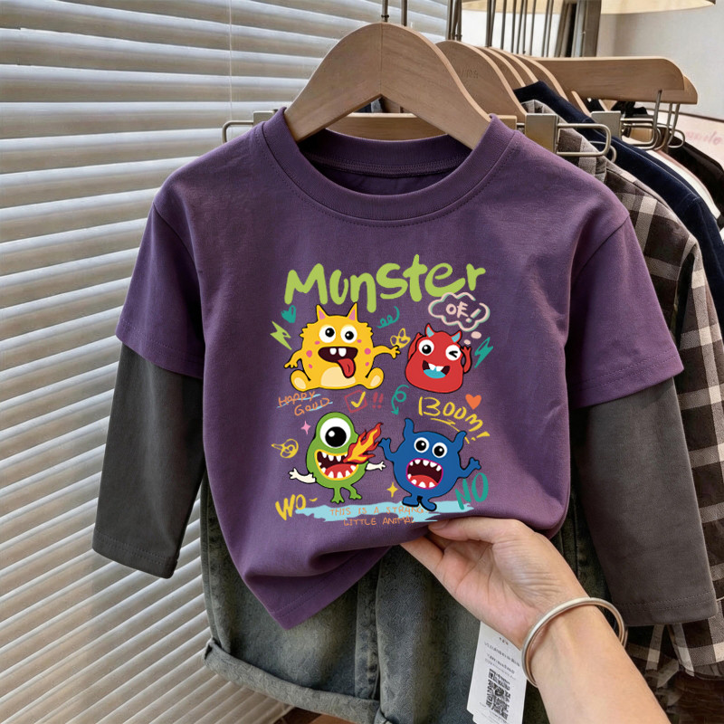 Desenhos animados pequeno monstro menino camiseta de manga comprida crianças primavera outono estilo ocidental estilo co