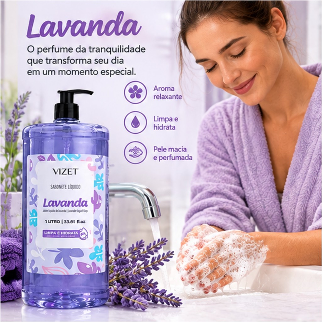 KIT 3 SABONETES LÍQUIDO VIZET 1 LITRO - LAVANDA — imagem 2 de 2