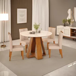 Conjunto Sala de Jantar Mesa Redonda Kiara Tampo de Vidro com 4 Cadeiras Yasmin Marrom/Freijó/Off White/Veludo Kraft
