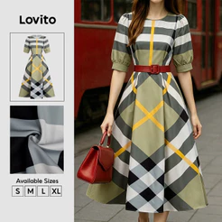 Lovito Vestido Casual com Cinto Verde para Primavera/verão para mulheres DRB38BR141