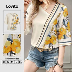 Lovito Blusa Elegante de Damasco para Mulheres primavera/verão BLK9P2D719
