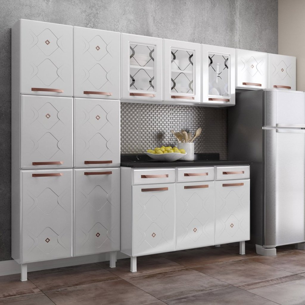 Cozinha Completa Modulada 14 Portas 2 Gavetas 3 Vidros Mirage New Branco Branco