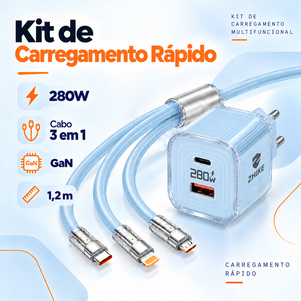 Carregador Turbo GaN 280W 2 Portas USB C A Kit Cabo 3 em 1 Celular Notebook Tablet Fone ZHIKE