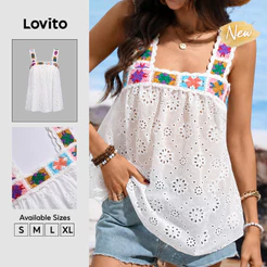 (New Arrival) Lovito Blusa Branca Feminina Boho Lisa De Cor Sólida Sem Mangas Com Decote Quadrado Gola Contrastante E Recortes Para Primavera/verão Fins De Semana Ocasiões Casuais E Férias TKB40BR112