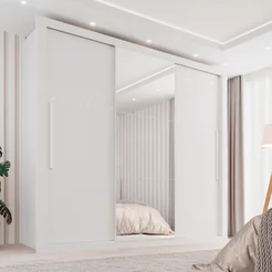 Guarda-Roupa Casal 3 Portas com Espelho Central 4 Gavetas Costa Rica Branco Branco
