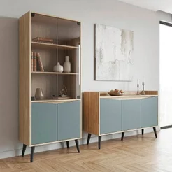 Conjunto Buffet Aparador 130cm e Cristaleira Cinza/Amendoa/Acqua