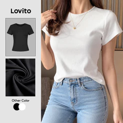 (Casual) Lovito Camiseta Macia e Confortável Primavera/verão Camiseta Branca para Mulheres L143ED546