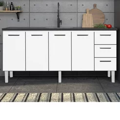 Balcão para Pia de Cozinha 200cm 4 Portas 3 Gavetas Vênus Yescasa Branco 192