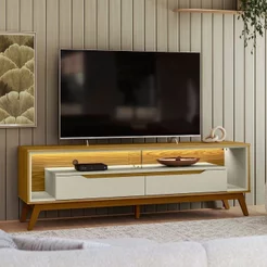 Rack Retrô para TV até 65 Polegadas com LED MDF 175cm Pés em Madeira Maciça Duo Freijó/Off White