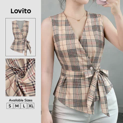 Lovito Top Casual Social Xadrez Sem Mangas Com Decote Em V E Amarração Primavera/Verão Workwear Fim De Semana Feminino TKK9BR220