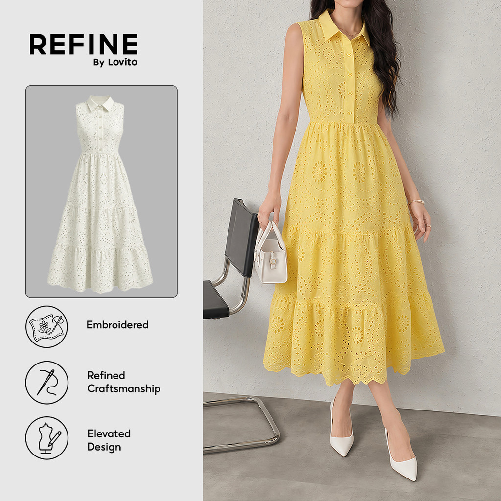 (Refine by Lovito) Vestido Casual Bordado com Ilhós Botão e Babado Na barra Trabalho LR41E175