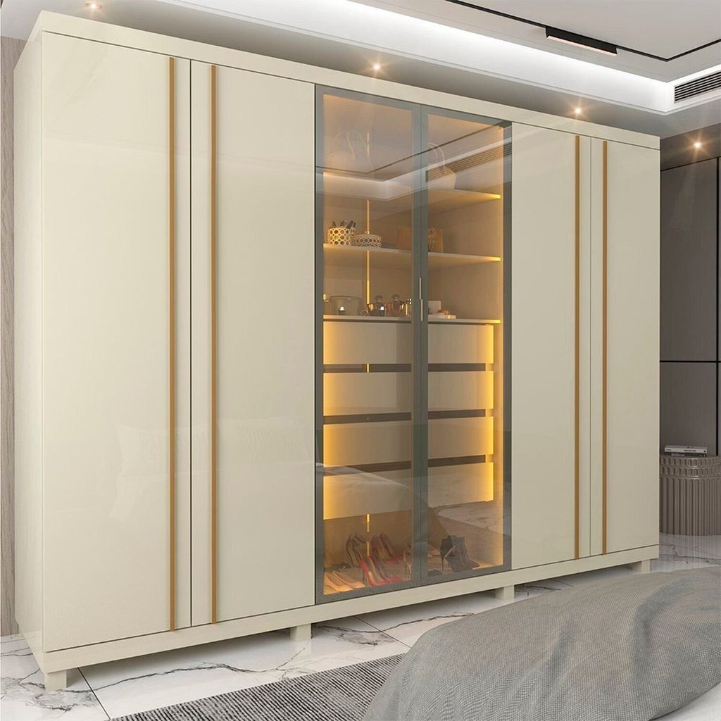 Guarda-Roupas Casal 6 Portas com Pés e LED Absolut New Reflecta 100% MDF Off White Off White