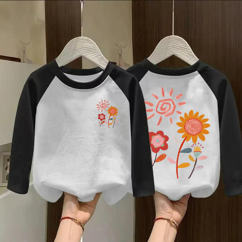 Algodão puro meninas de manga comprida contraste cor Raglan camiseta primavera outono crianças versão coreana em torno d