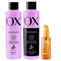 Kit OX Glicólico Shampoo 600ml + Condicionador 600ml + Óleo Capilar Nutritivo 3 Em 1 120ml