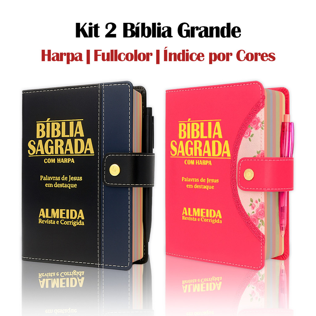 Kit 2 Bíblias Evengélica Botão Pink e Botão Preta/Azul | ARC - João Ferreira de Almeida - Harpa e Índice por Cores