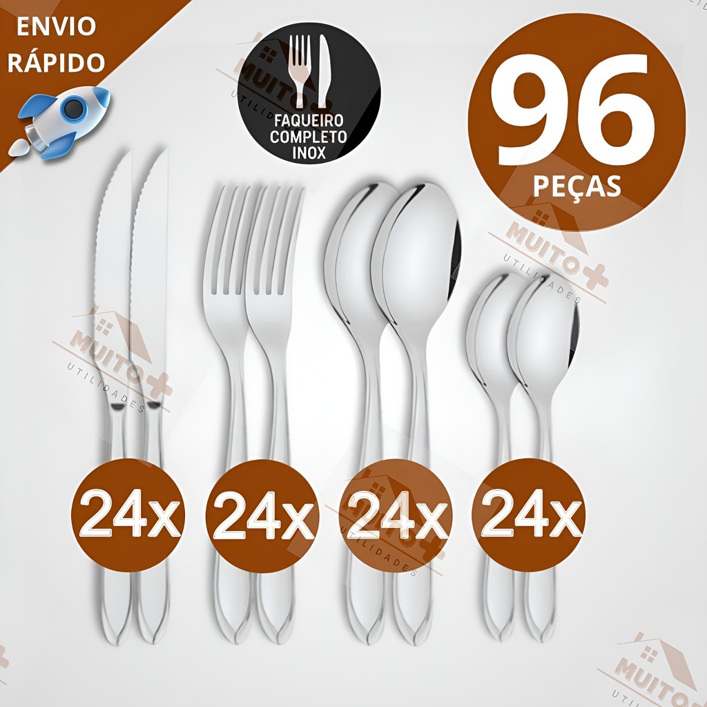 Jogo de Talheres 96 peças Aço Inox 24 Facas 24 Garfos de Mesa 24 Colheres e 24 Colheres Sobremesa