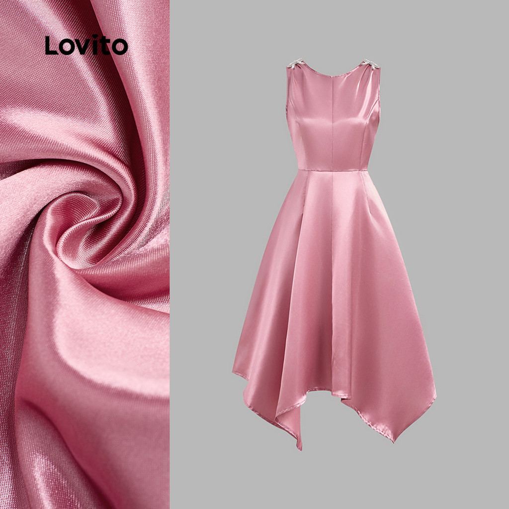 (NEW) Lovito Vestido Elegante com Laço Plissado Assimétrico Primavera/verão Rosa para Mulheres L155ED769