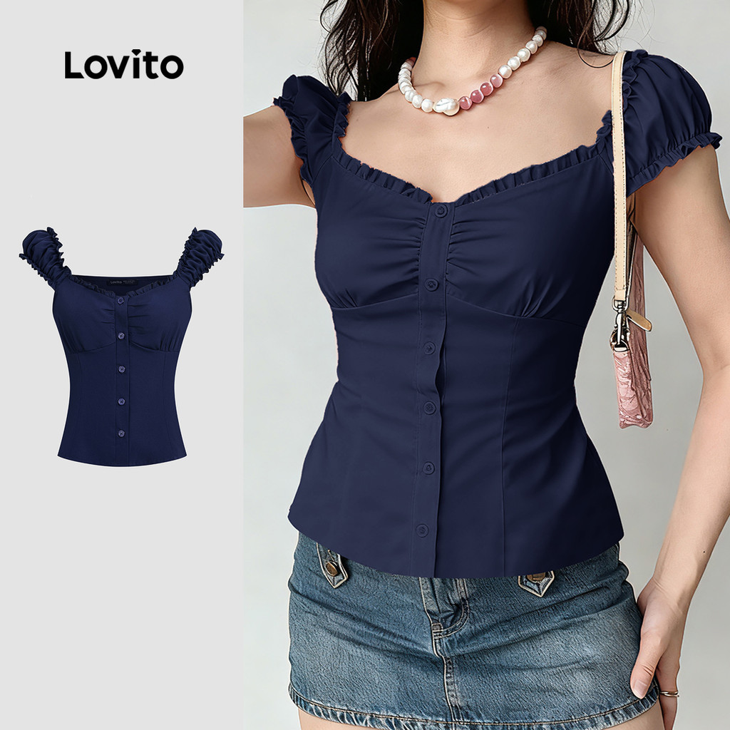 (NEW) Lovito Blusa Elegante de Botão Frente Primavera/verão Blusa Marinho para Mulheres L154LD374 em Oferta na Shopee