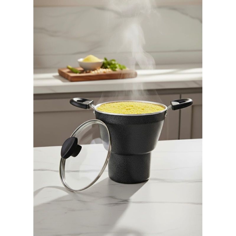 Cuscuzeiro Preto Individual Médio Alumínio com Tampa de Vidro - Mais Sabor para o seu Cuscuz.