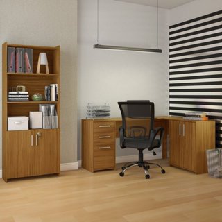 Kit 2 Peças com Mesa para Escritório em L e Armário Multiuso Alto Aberto Espresso Móveis Branco Freijó em Oferta na Shopee